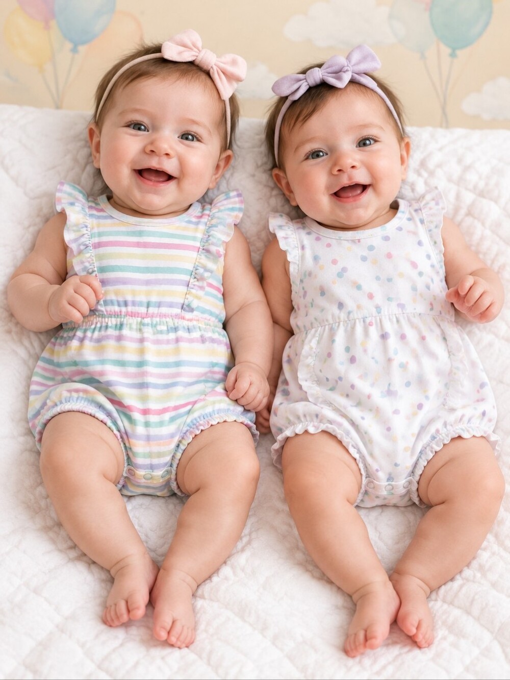 Macy's LITTLE ME Baby Girls 2-Pack Cotton Rompers Rainbow Stripe Dots 3M Onesie